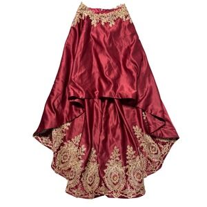 Dancing Queen USA Burgundy Satin High-Low Formal Skirt Gold Embroidery Small